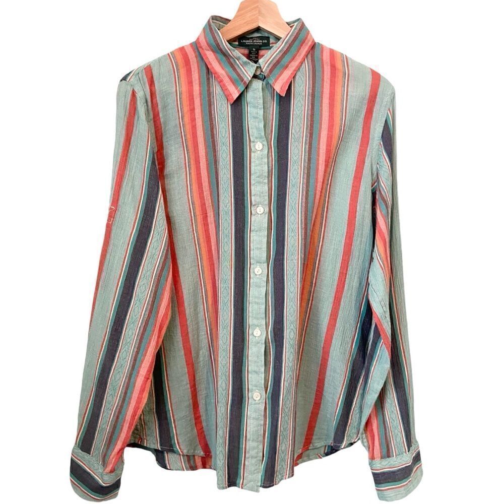 LRL Ralph Lauren Striped Button Down Gauzy Lightweight Shirt in Size Medium